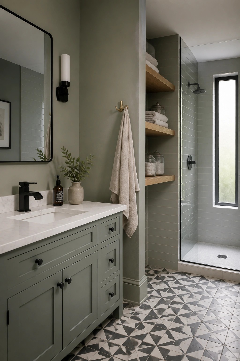 Sage green vanity with marble sink, geometric tile floor, wooden shelves, and glass shower.