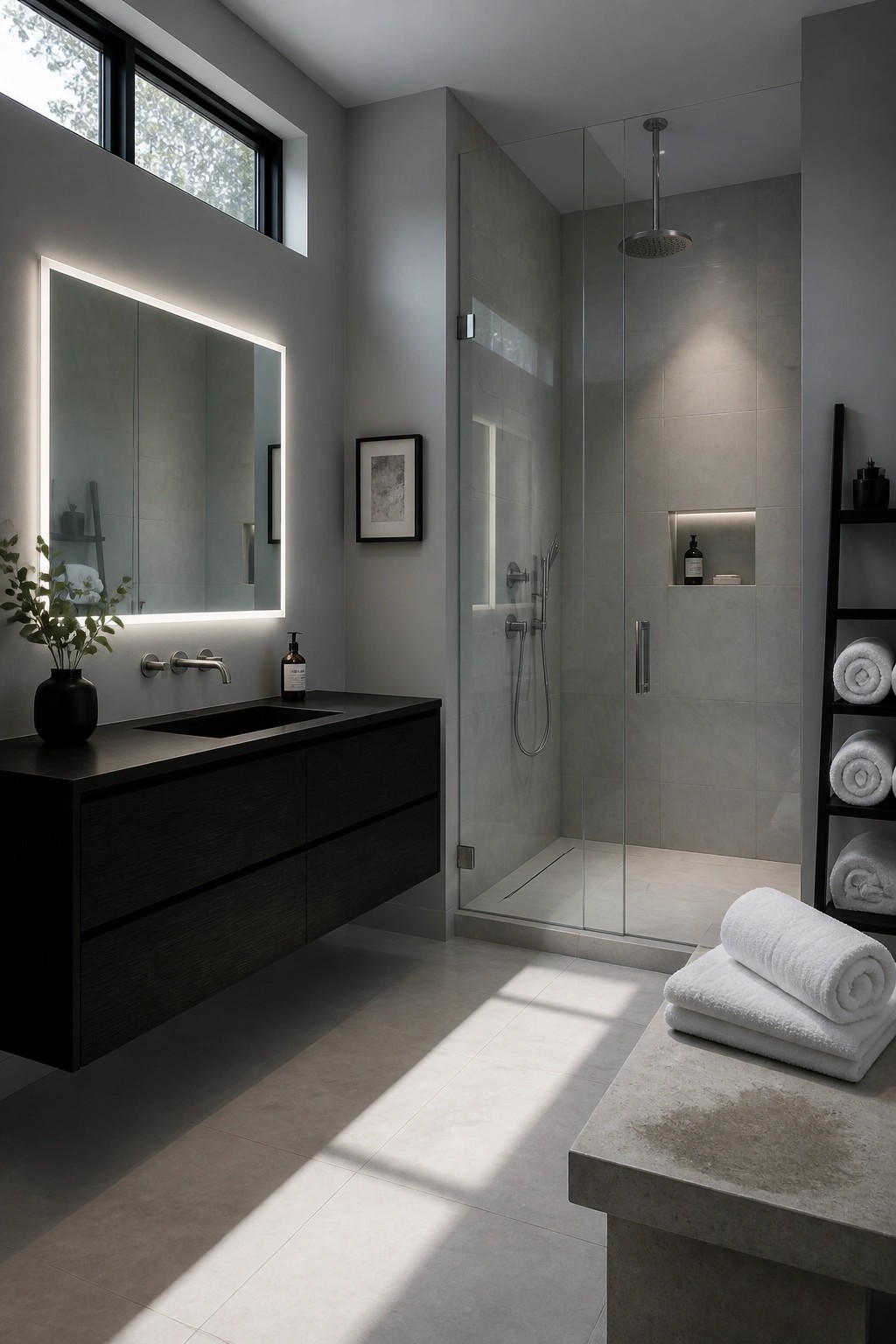 Modern bathroom with floating dark vanity, backlit mirror, glass shower, and white towels.