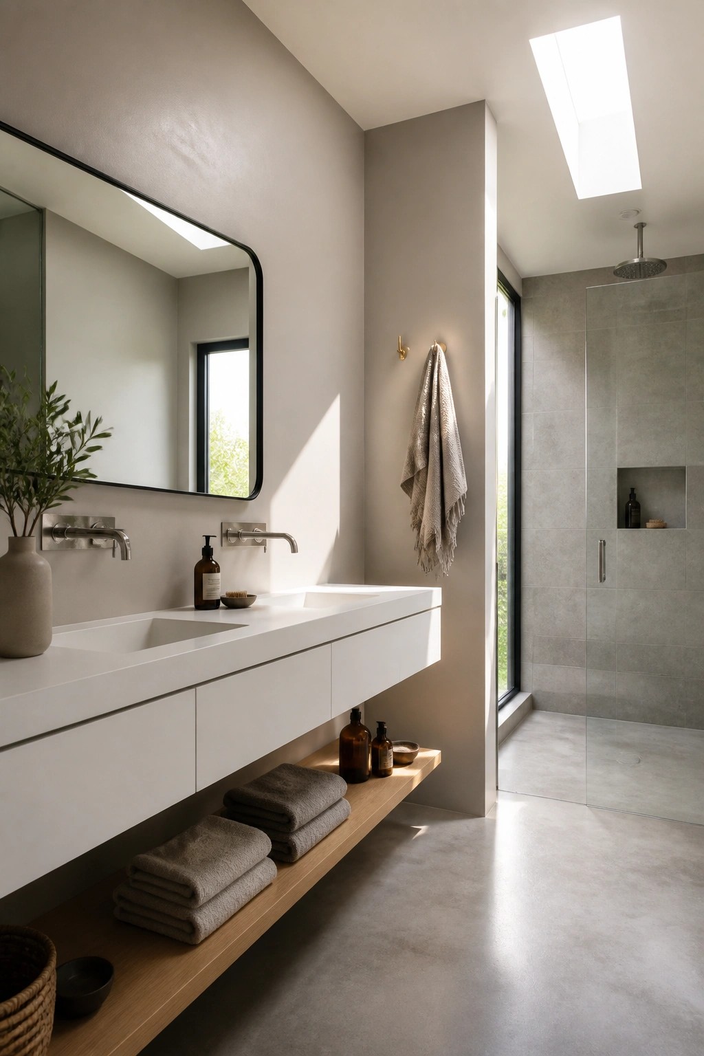 Modern bathroom with soft greige walls and a white floating vanity.