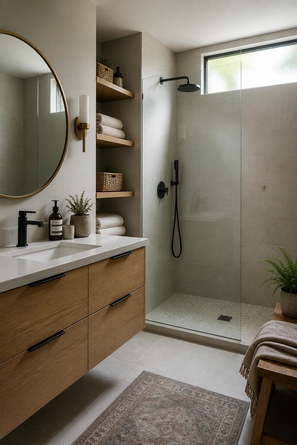 Modern bathroom with wood vanity, round mirror, open shelves, and glass shower.