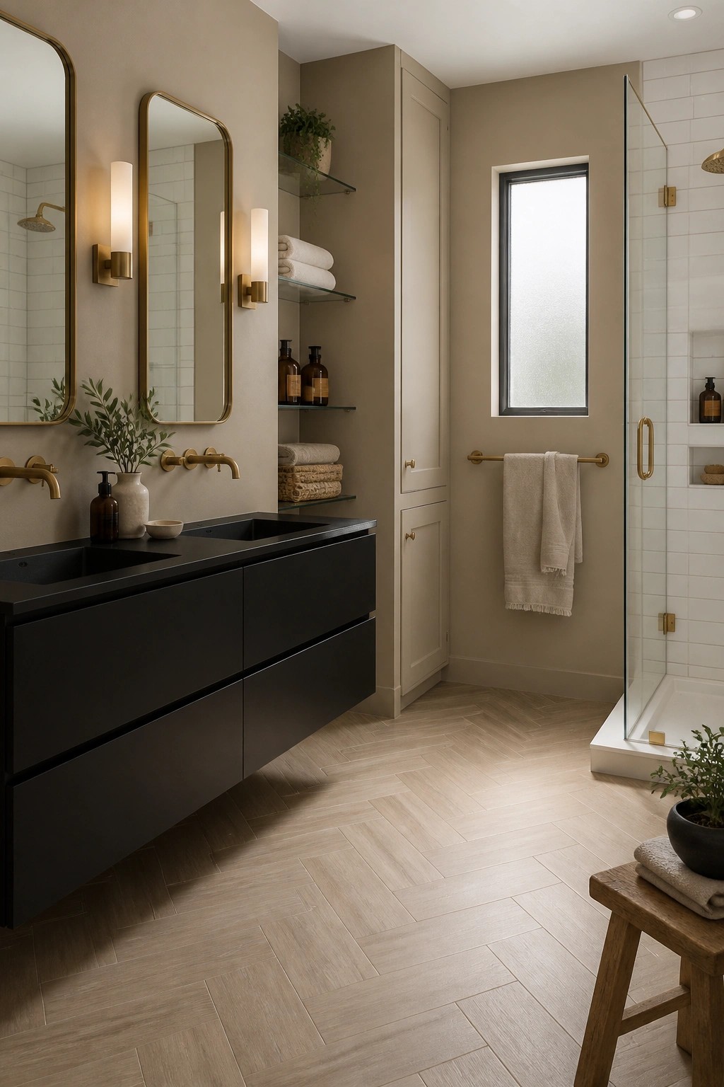 A modern bathroom with soft greige walls and a floating black vanity.