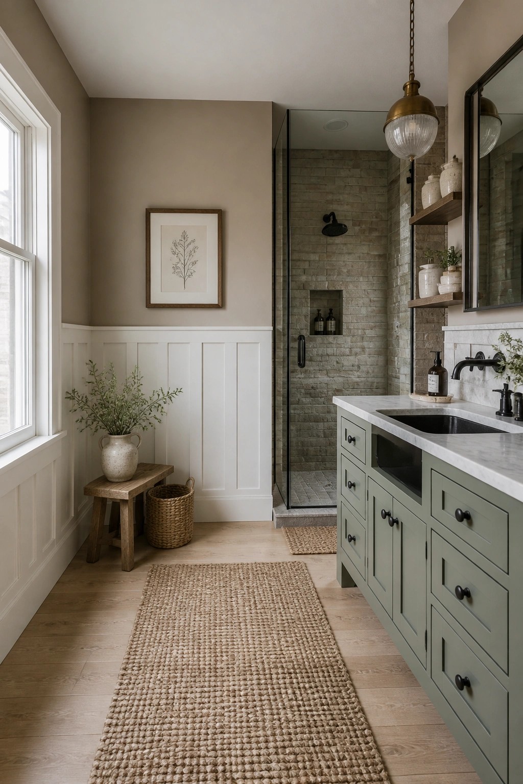 A bathroom featuring soft greige walls paired with sage green vanity cabinets.