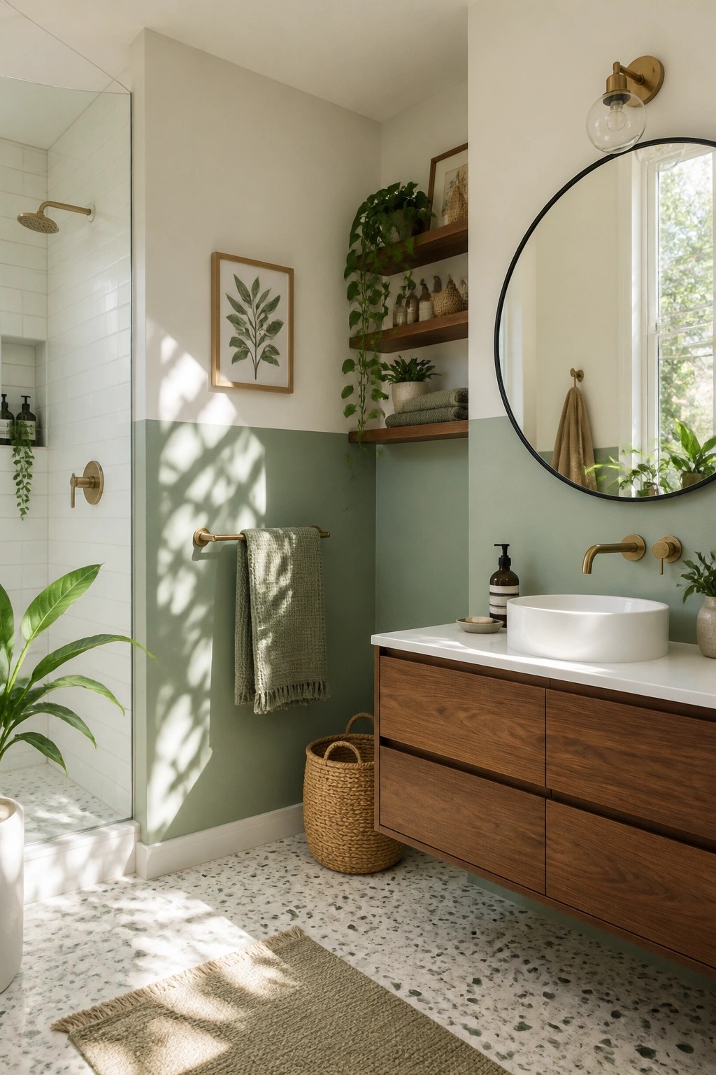 Bathroom walls painted a soft sage green beside a wooden vanity and white vessel sink.