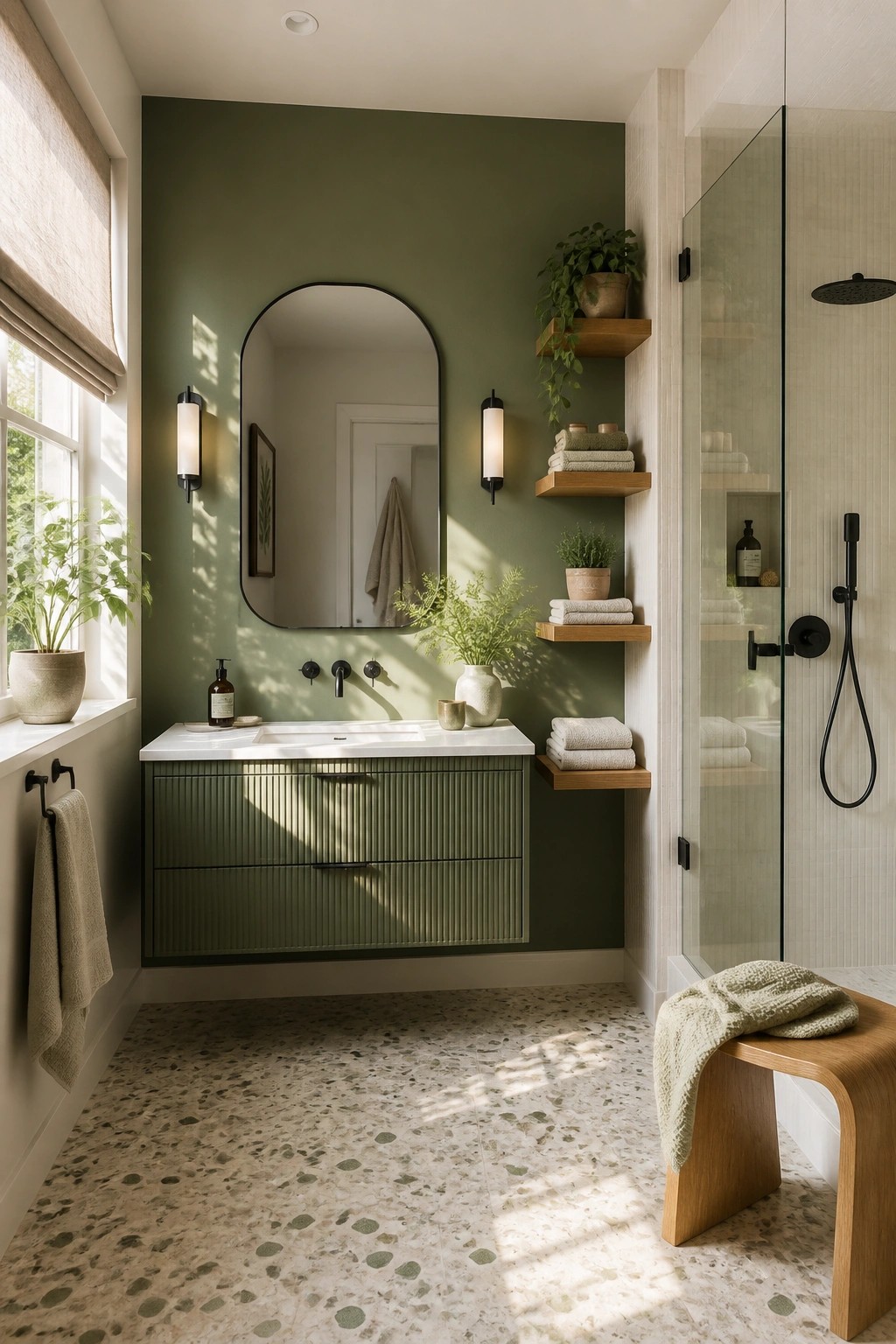 A bathroom with soft sage green walls and a white vanity.