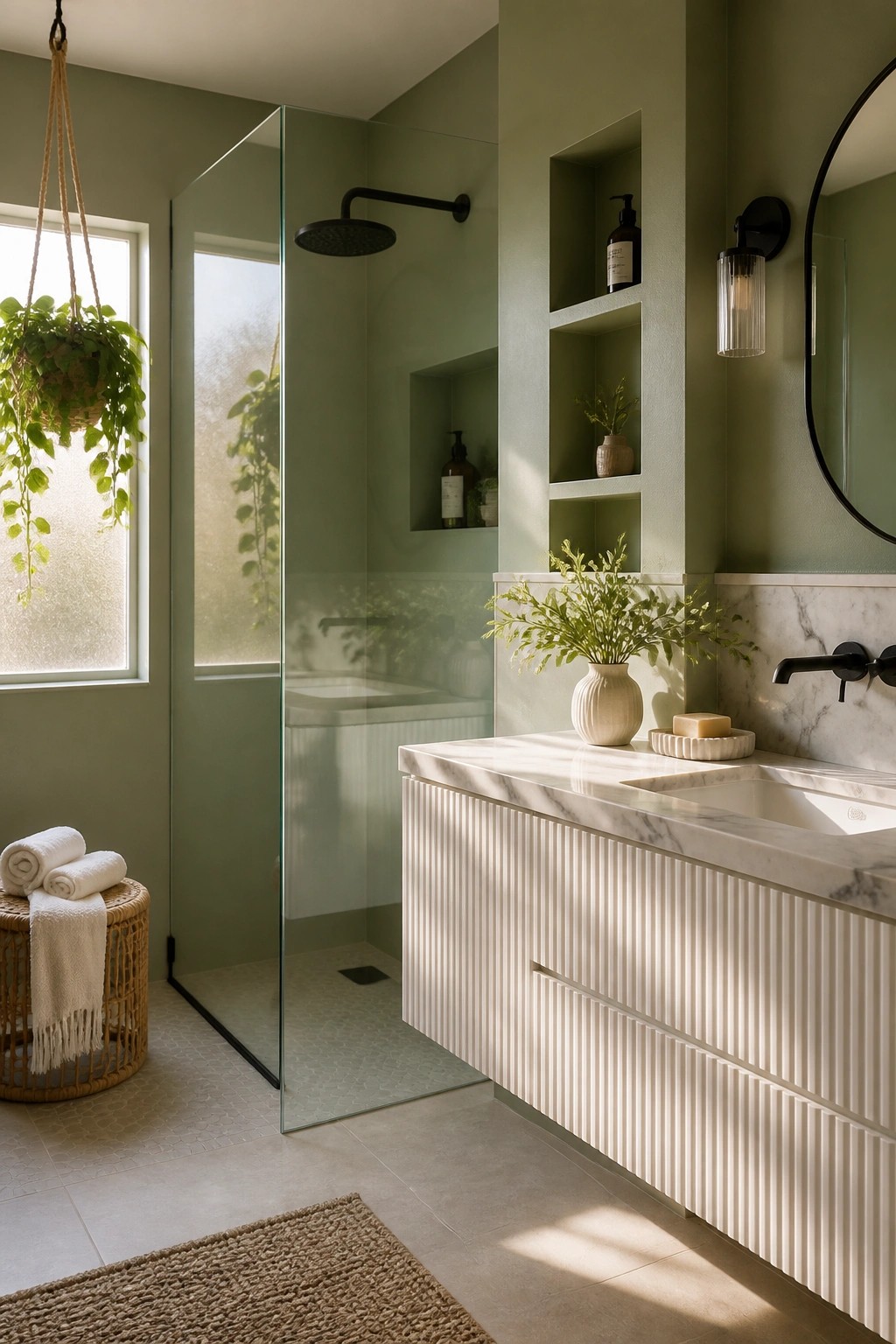 Bathroom with soft sage green walls, white marble vanity, and glass shower enclosure.