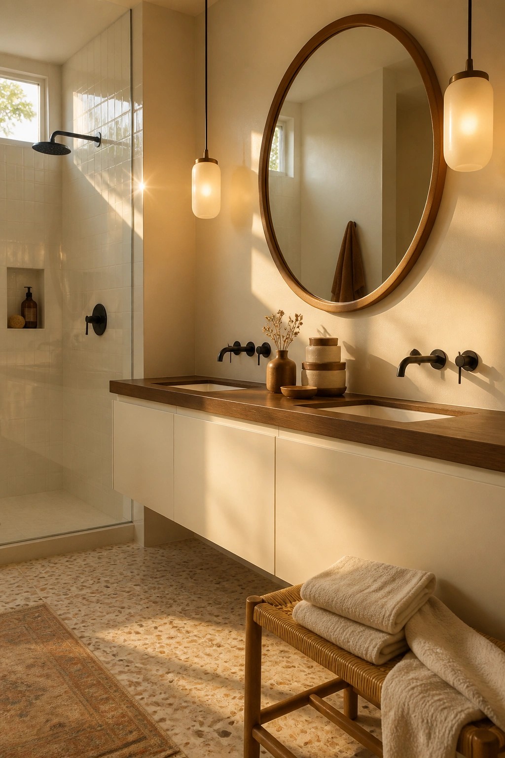 A modern bathroom with warm beige walls and a floating wood vanity.