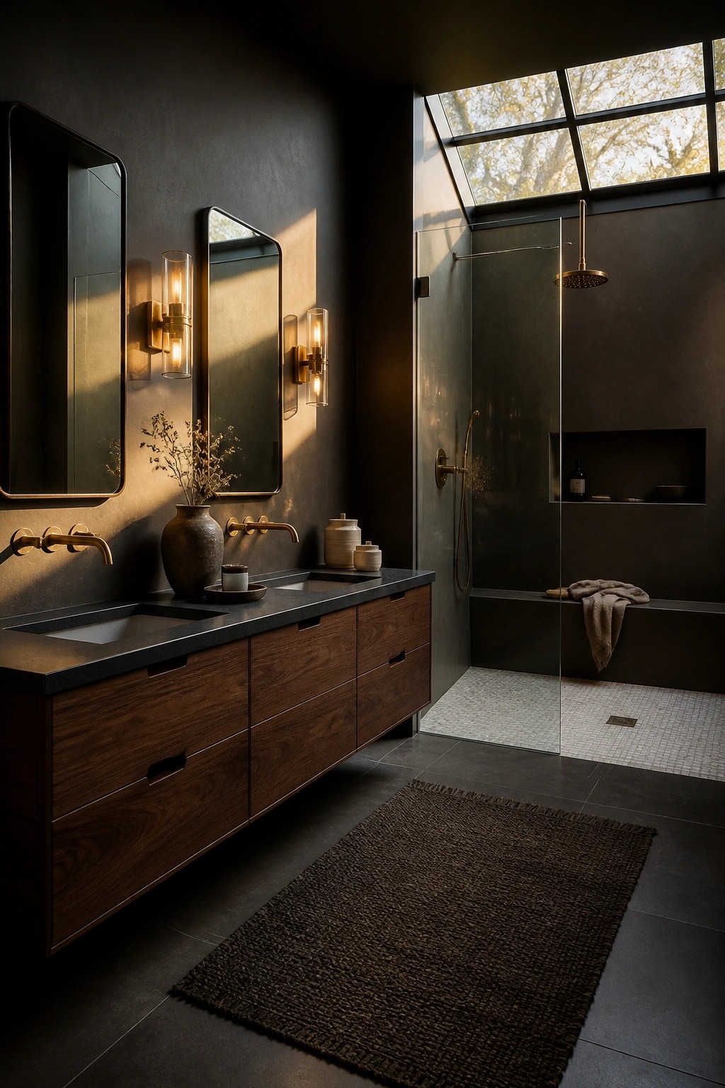 A modern bathroom with dark charcoal walls and a long wood vanity.