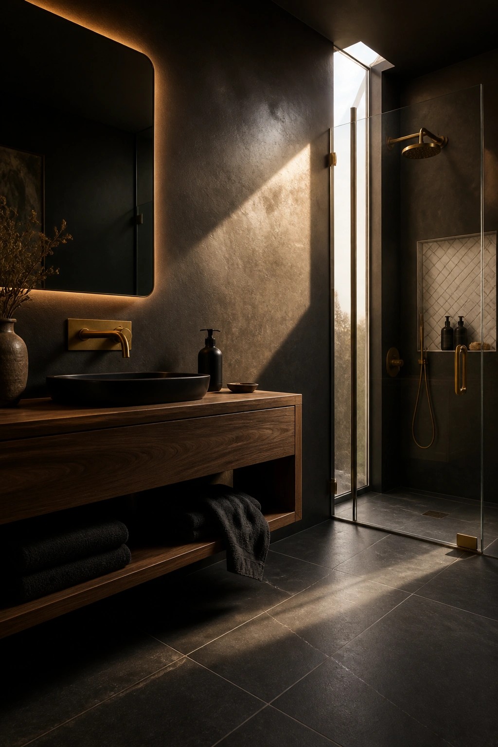 Bathroom walls painted in a deep warm charcoal with a textured finish.