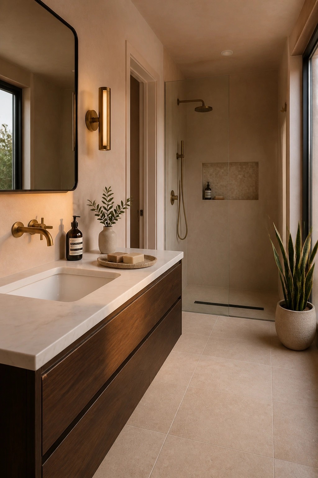 A bathroom with warm greige walls and a dark wood vanity.