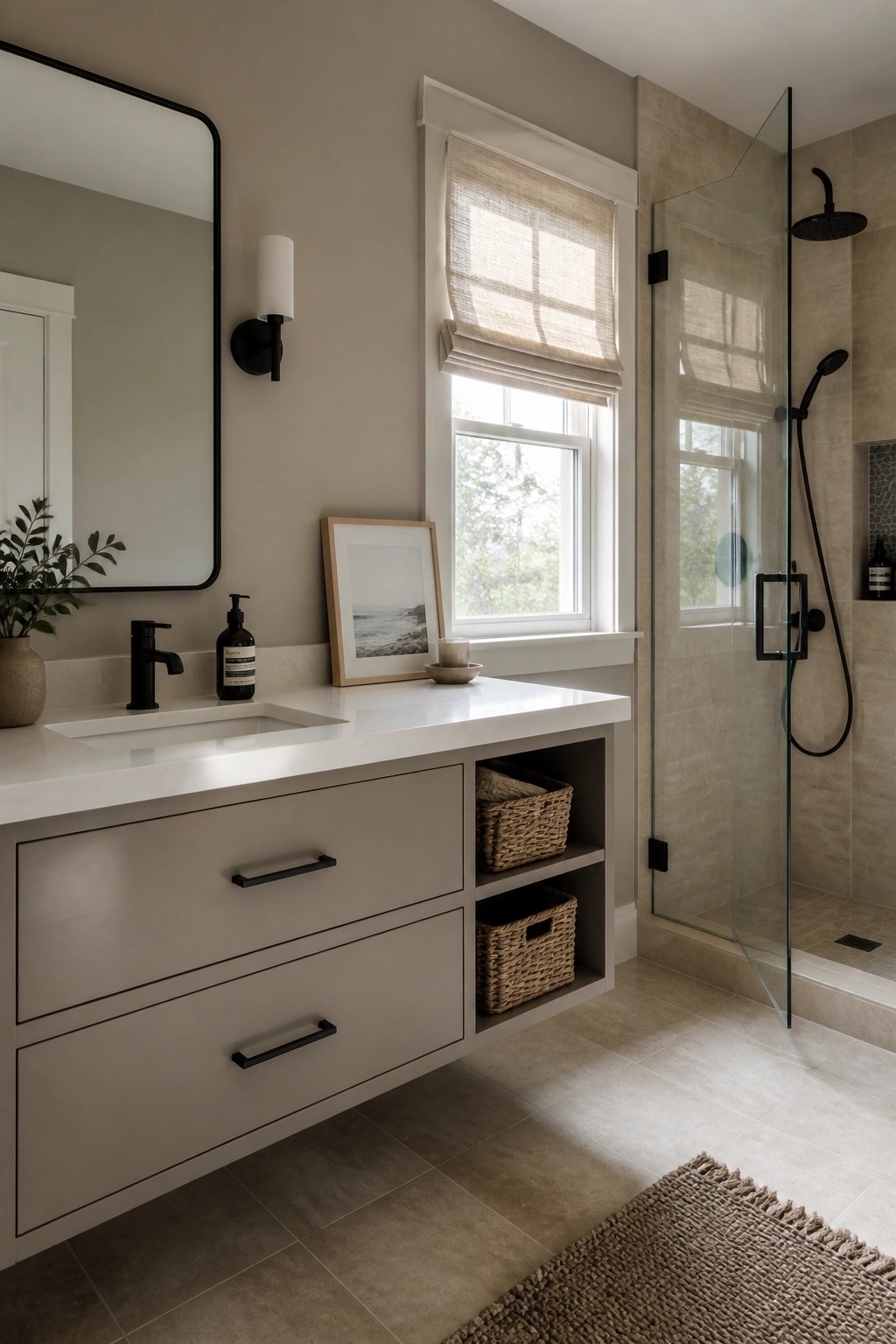 A bathroom with soft warm greige walls, white vanity, and a window with a linen shade.