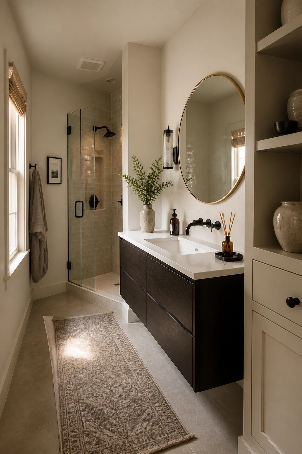 A modern bathroom with warm off-white walls and a floating dark wood vanity.