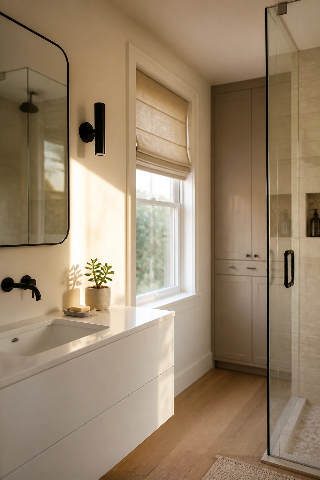 Bathroom walls painted in a soft warm white with a floating vanity and black accents.
