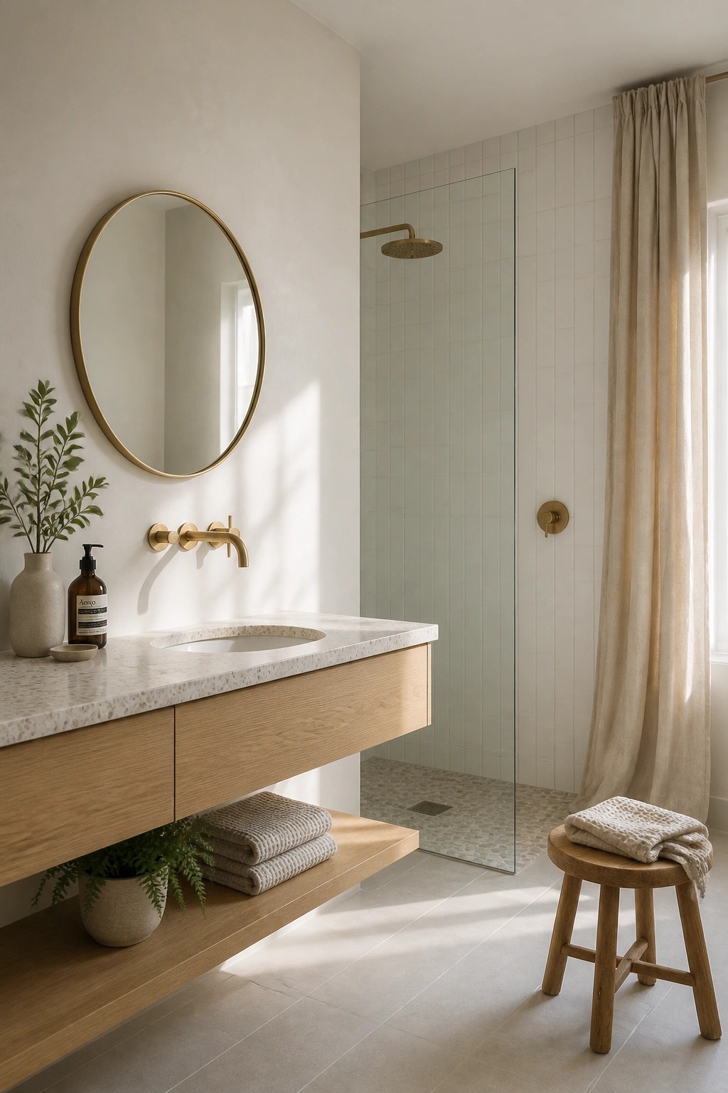 A modern bathroom with warm white walls, a floating wood vanity, and a glass shower enclosure.