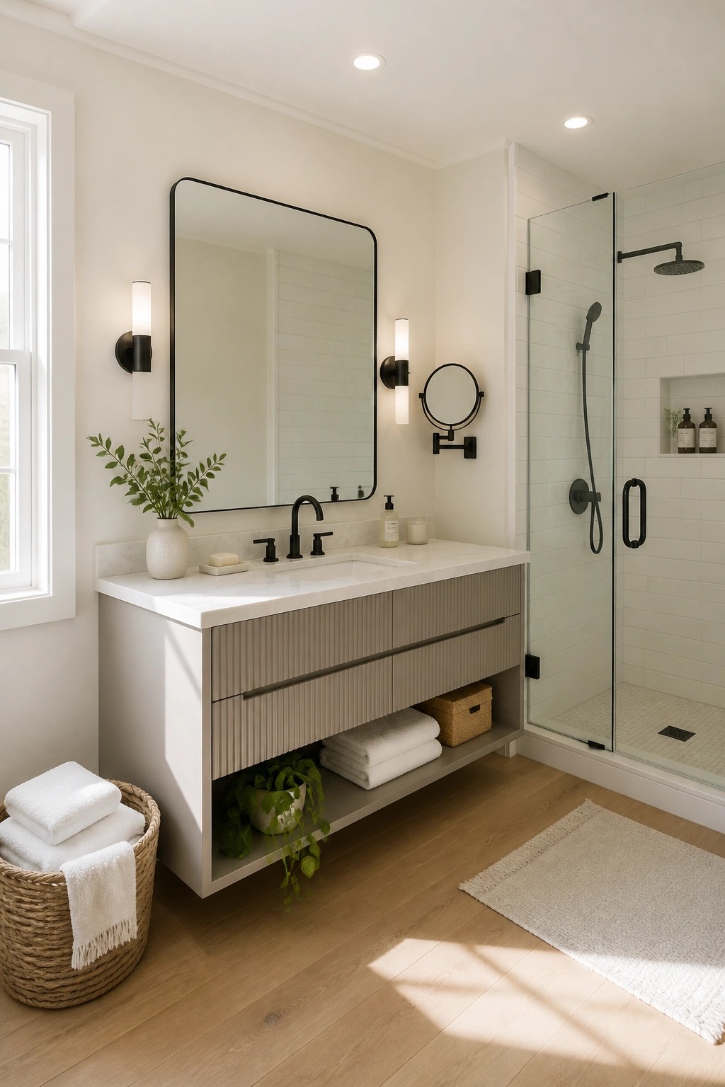 A modern bathroom with warm white walls and a floating vanity.