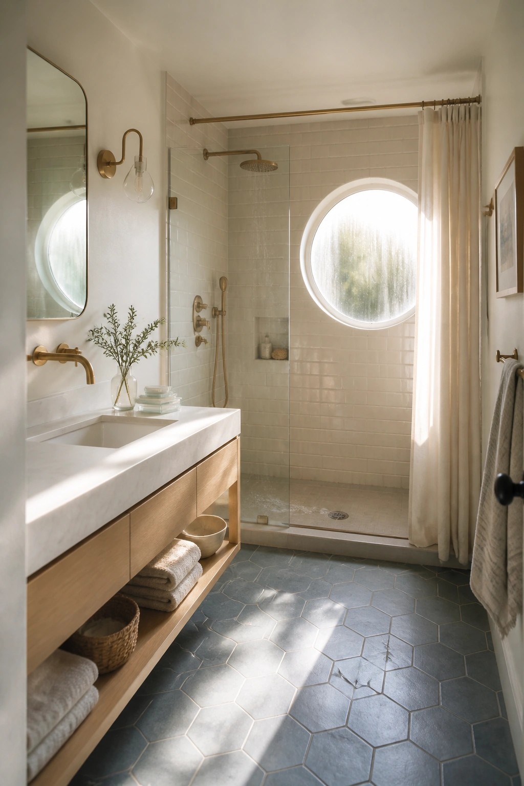 A bathroom with warm white walls and light tile.