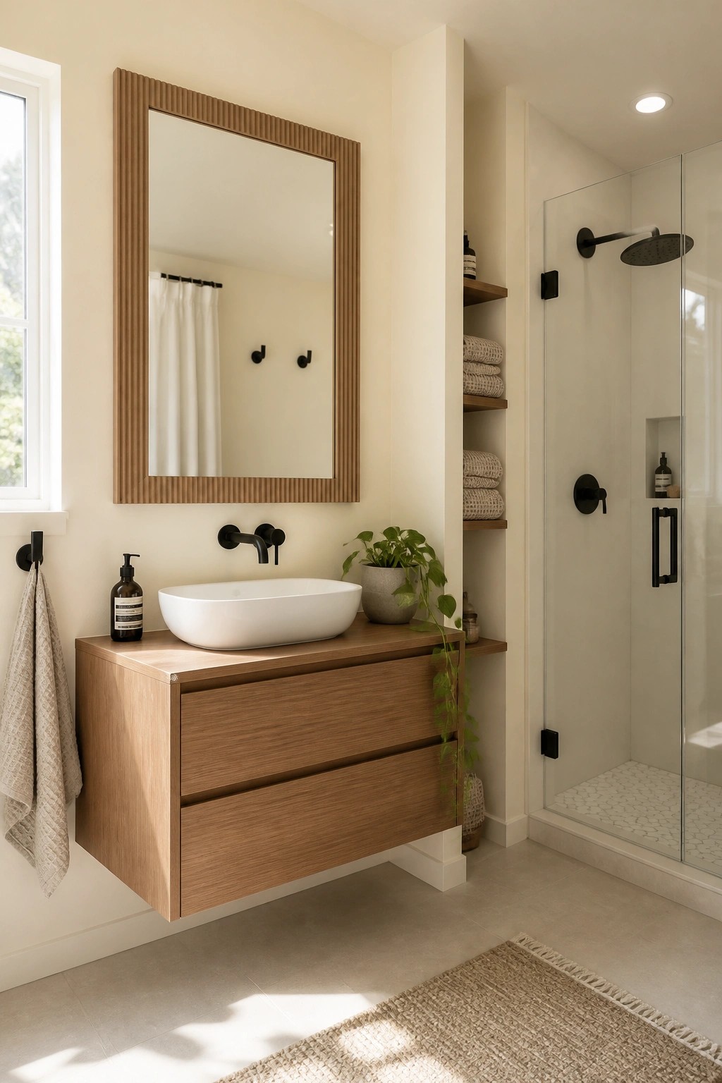 Bathroom with warm white walls and a wooden floating vanity.