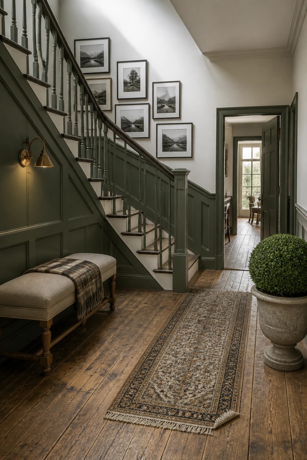 Dark green staircase with gallery wall, bench, patterned runner, and potted plant