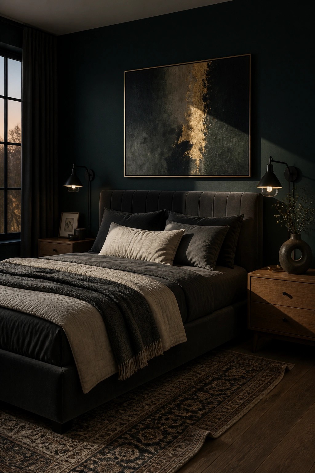 Dark teal bedroom with velvet bed, abstract painting, wall sconces, and patterned rug.