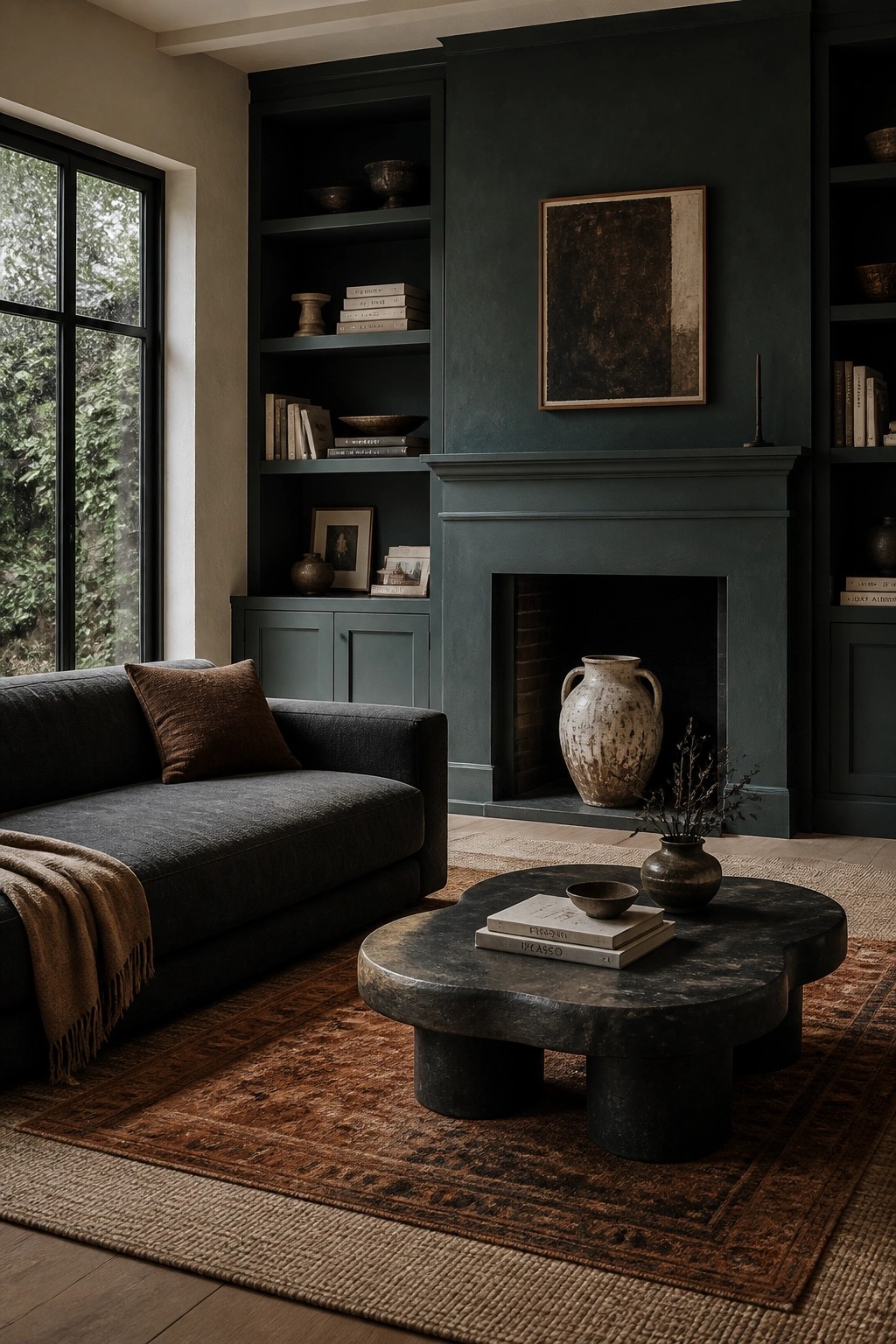 A living room with deep green painted walls and built-in shelves around a fireplace.