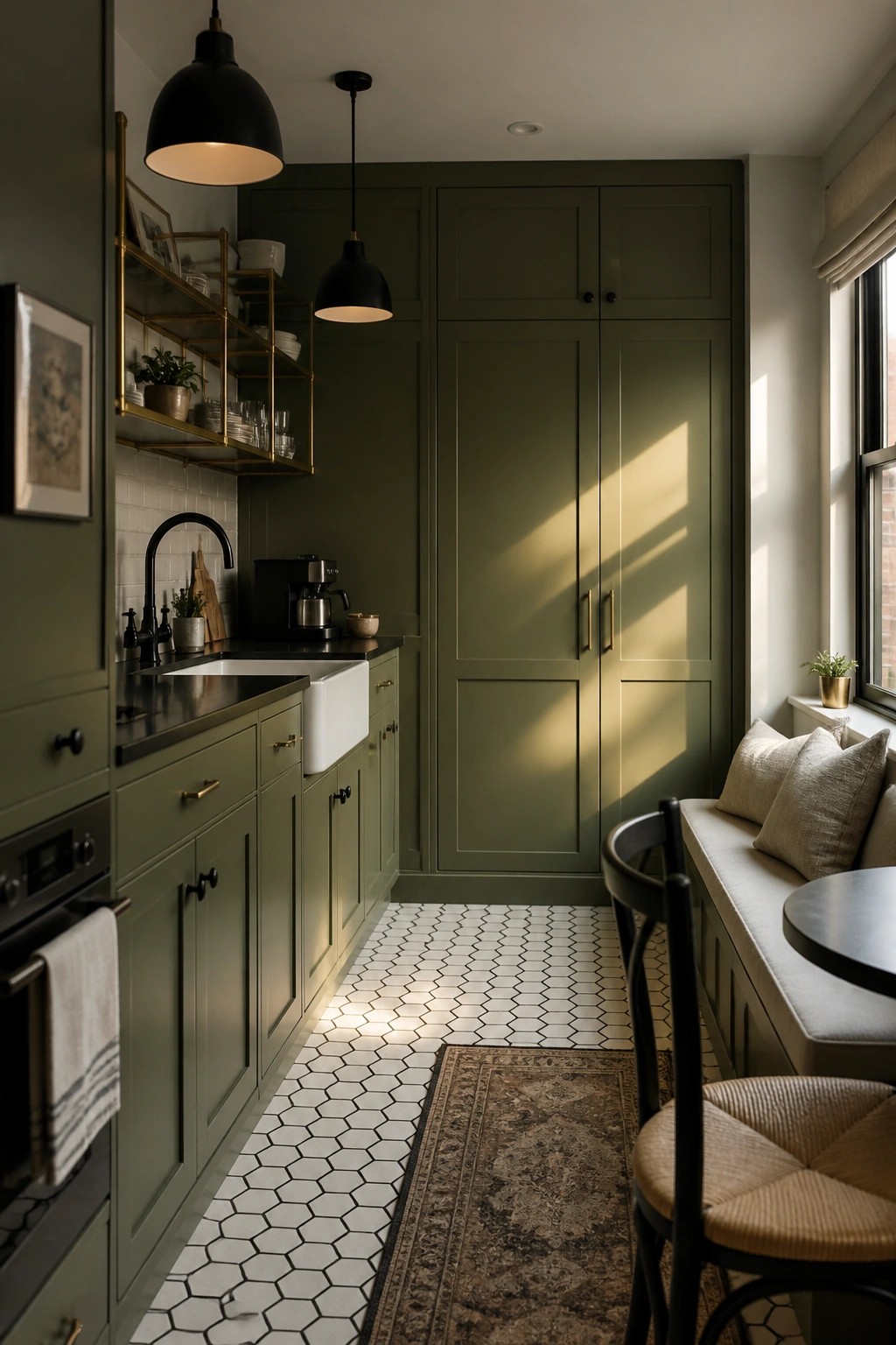 Dark olive green kitchen cabinets with black hardware and white tile floor.