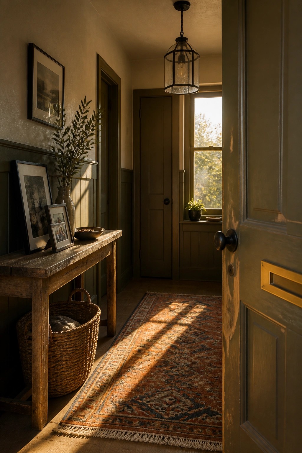 An entryway painted in deep olive green with wood accents and a patterned rug.