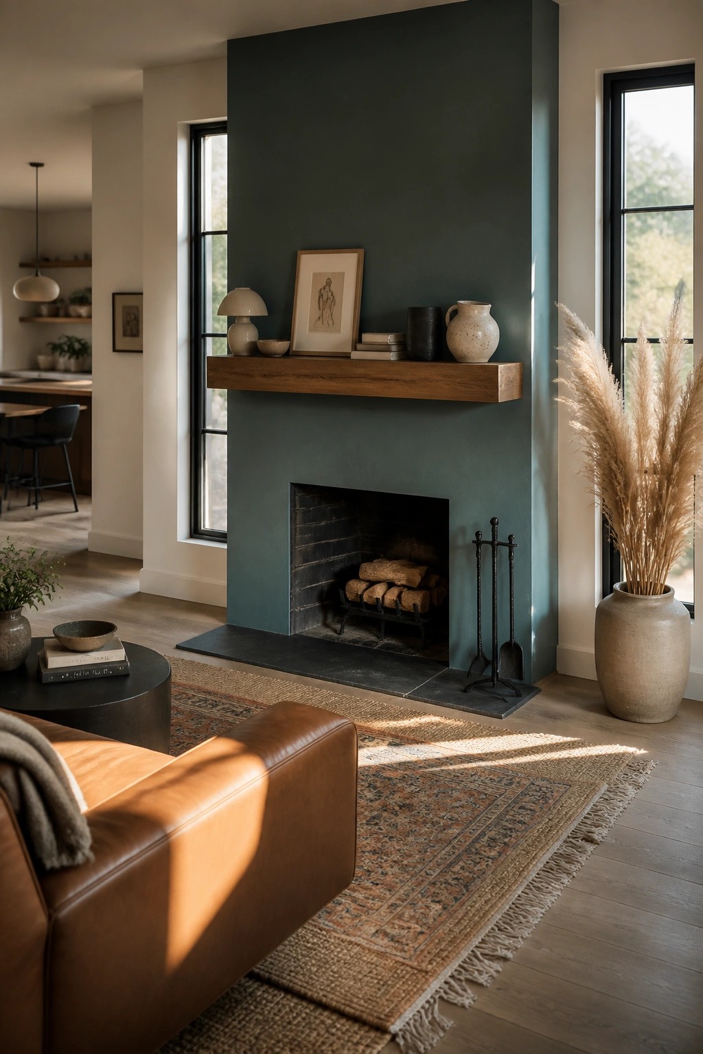A living room featuring deep teal walls around a fireplace with a wooden mantel.