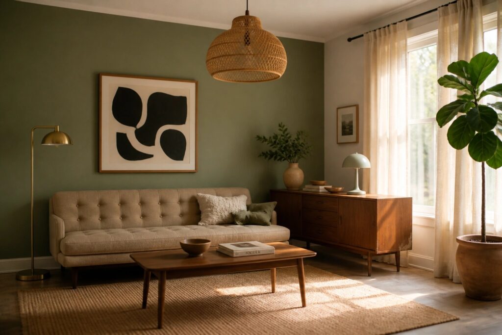 Living room with muted sage green walls and a beige sofa.