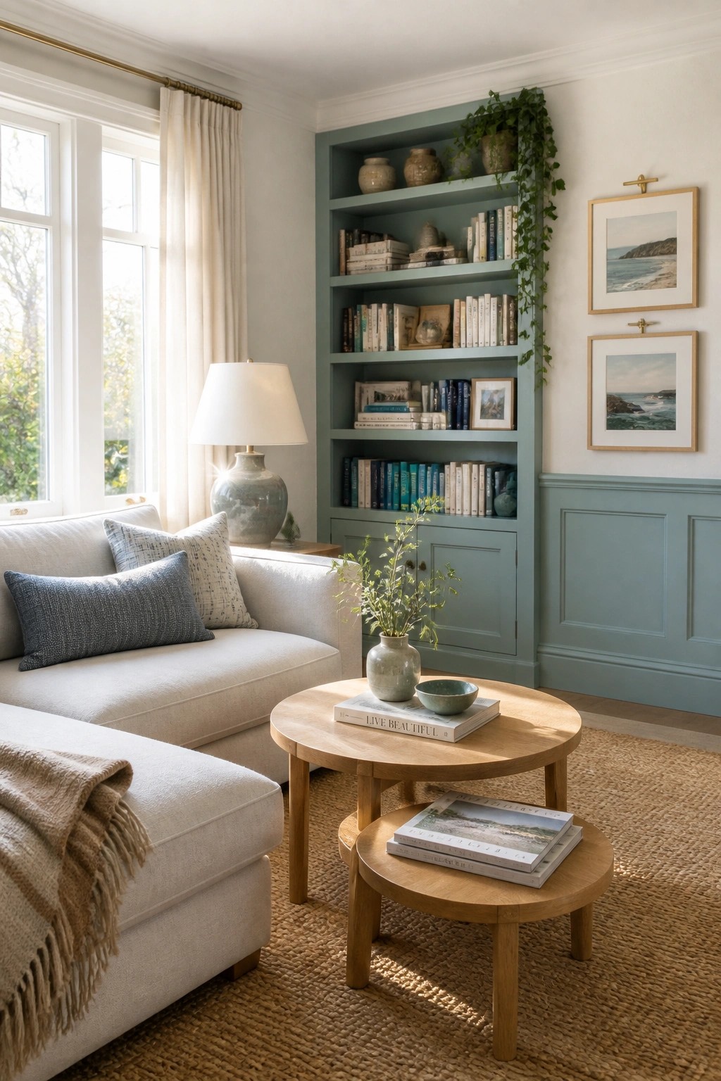Cozy living room with cream sofa, round oak tables, teal bookshelf, and coastal art