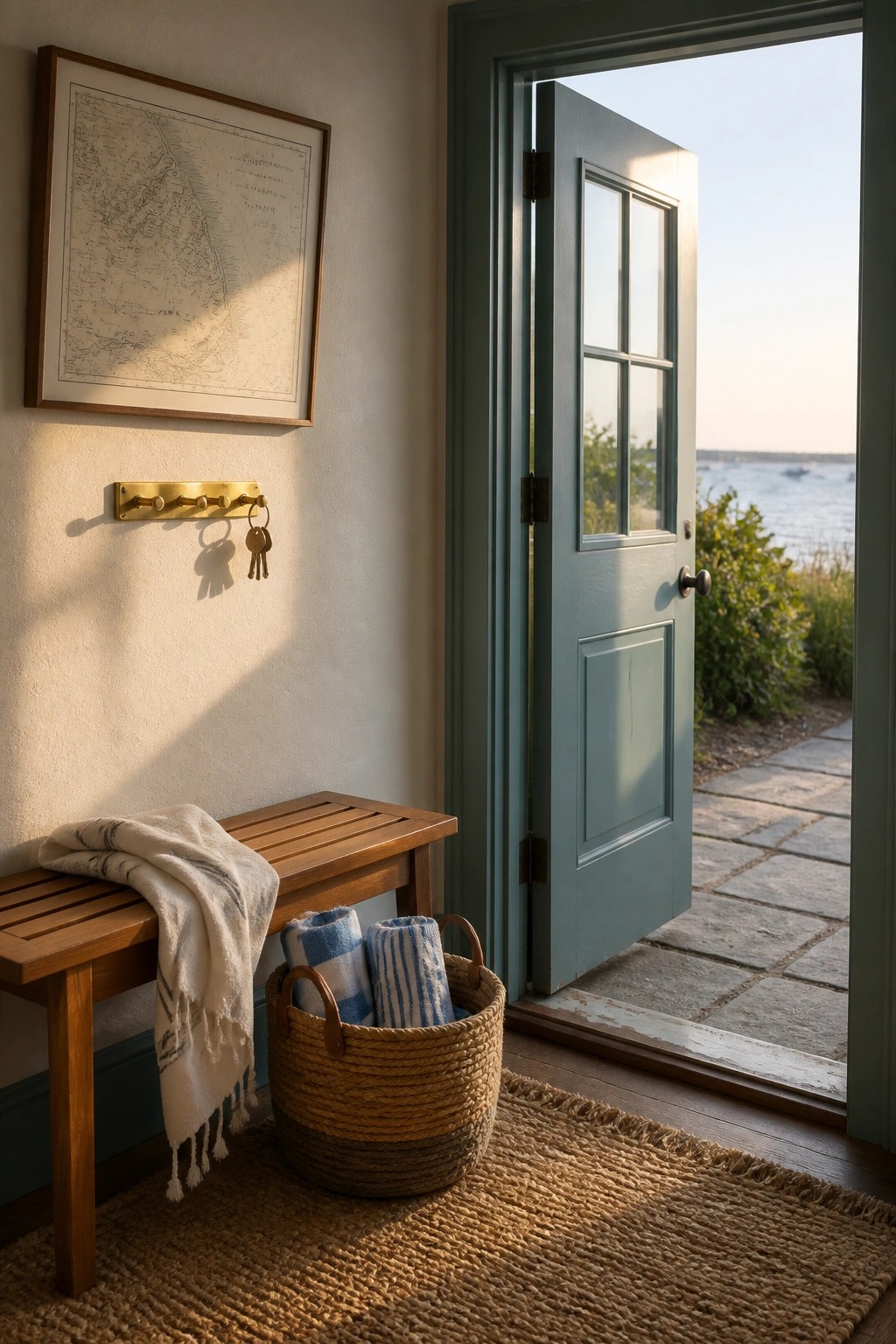 A muted green painted door in a simple entryway with a wooden bench and woven rug.