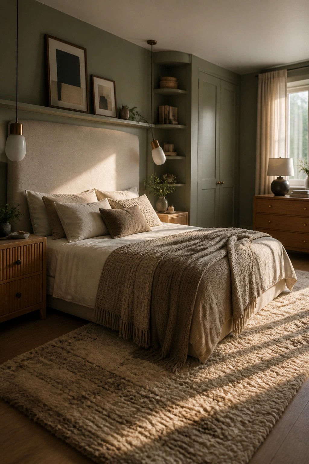 Bedroom with muted sage green walls and a large bed dressed in neutral bedding.