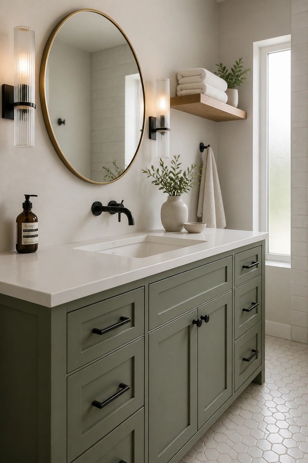 A bathroom vanity painted in muted sage green with a white countertop.