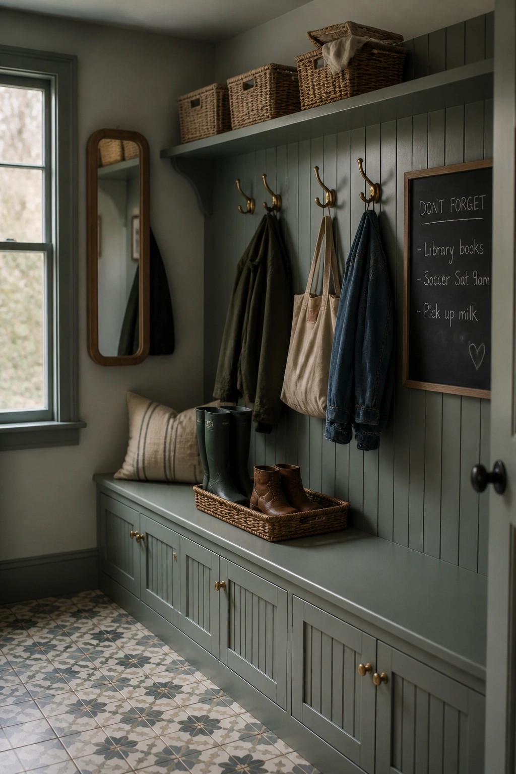 Muted green walls and cabinetry in a home entryway.