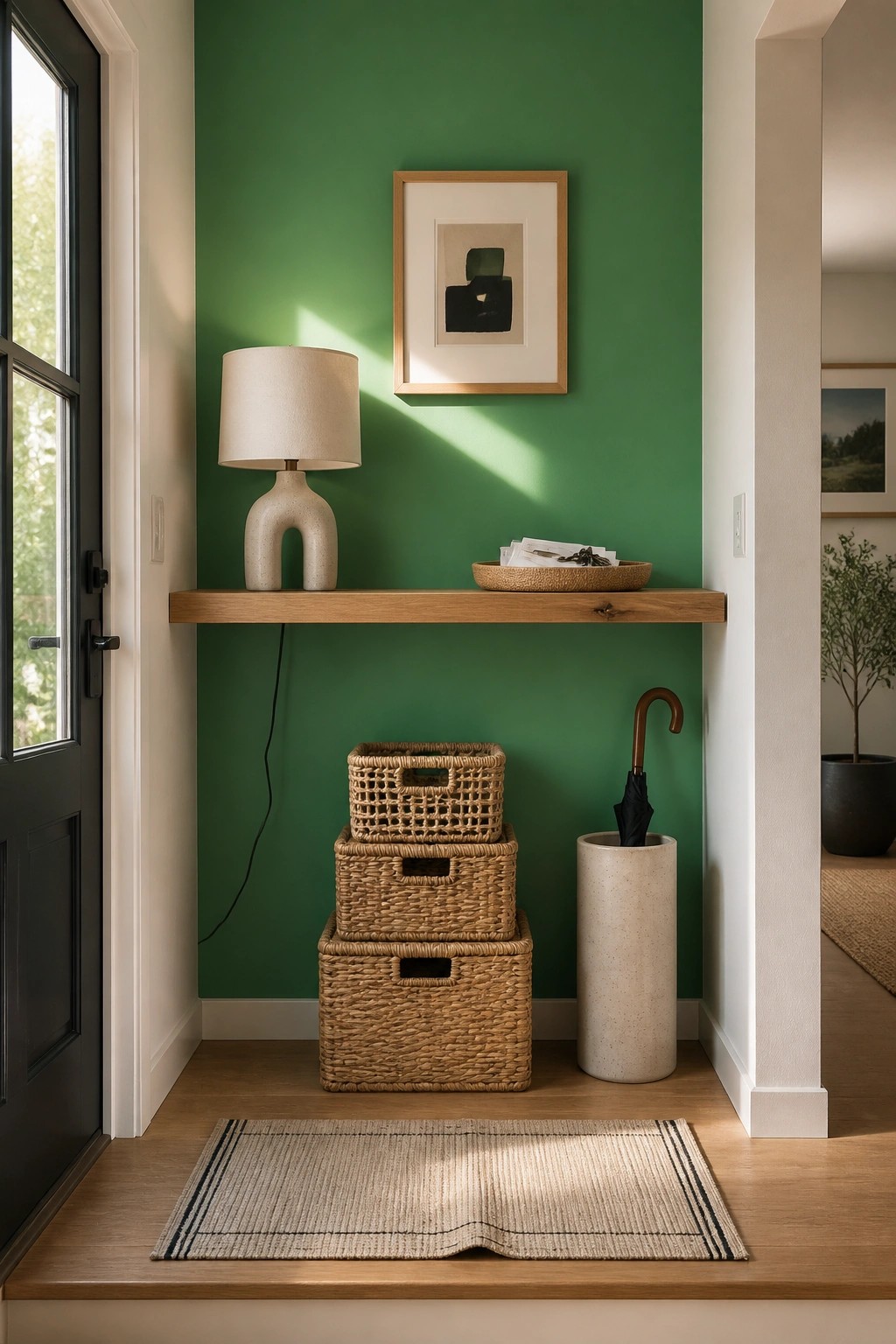 A deep green wall with a wooden shelf in a modern entryway.