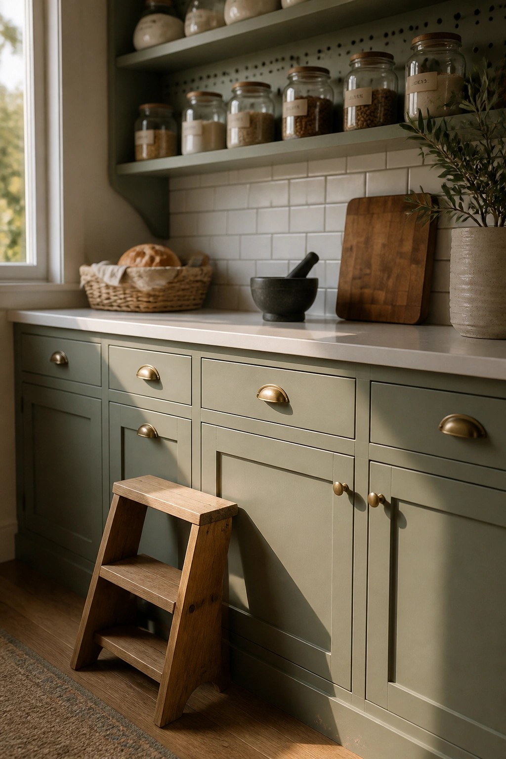 Sage green kitchen cabinets with white tile backsplash and wood accents.