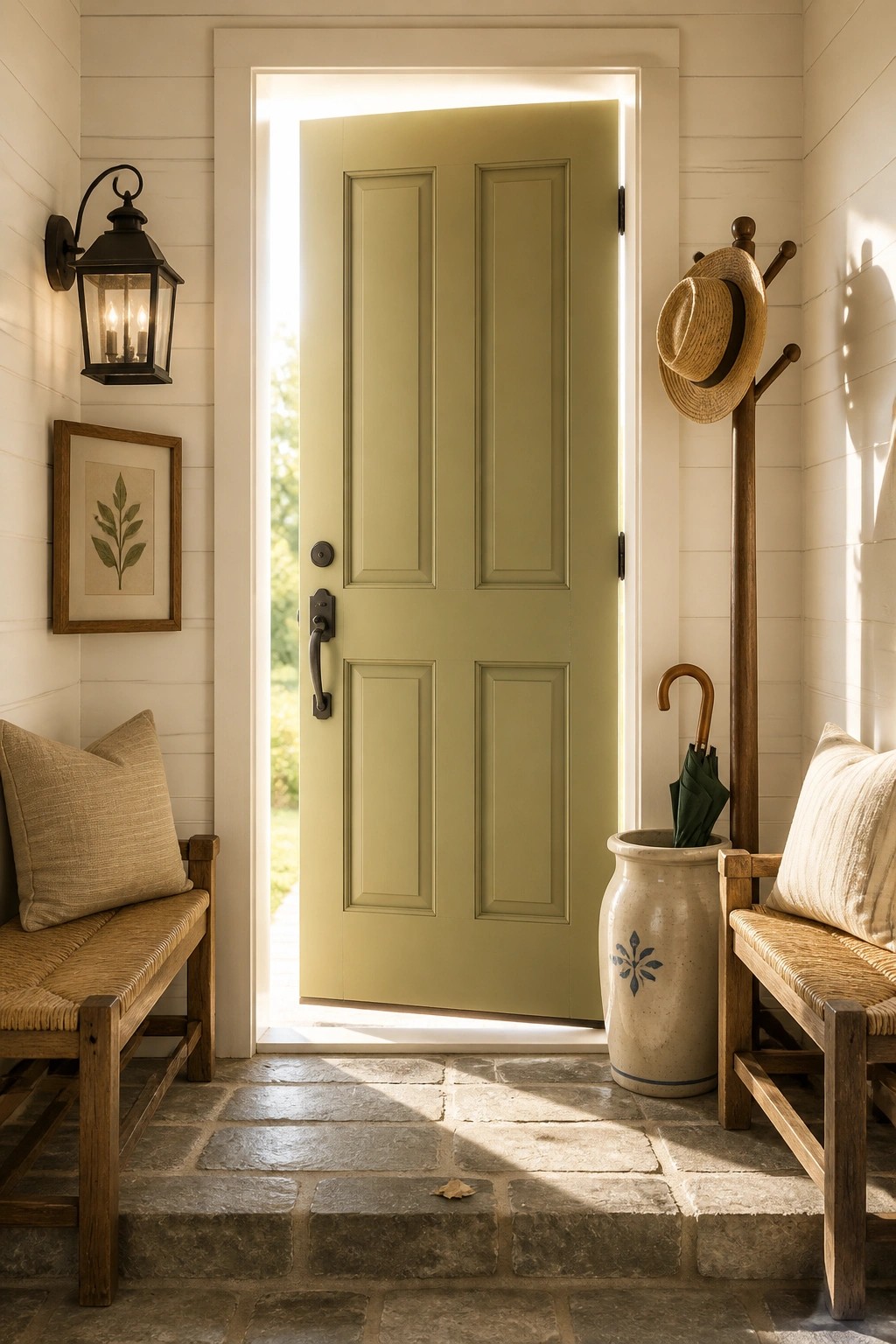 A muted sage green front door in a stone entryway.