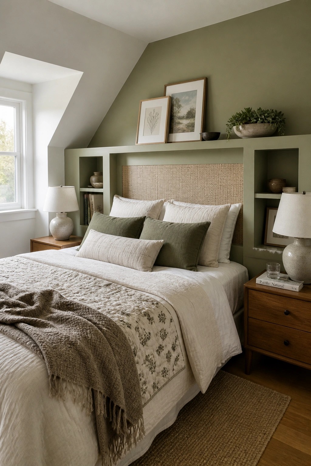 Muted sage green walls surround a built-in bed nook in a bedroom.