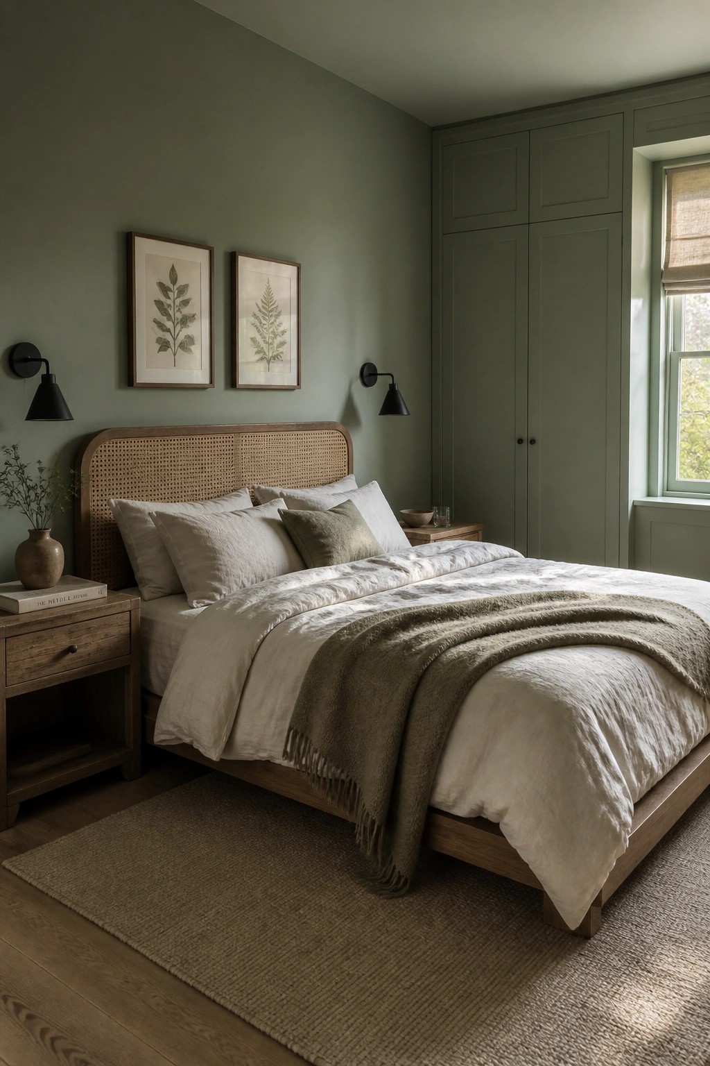 Bedroom walls painted in a soft sage green with wood furniture.