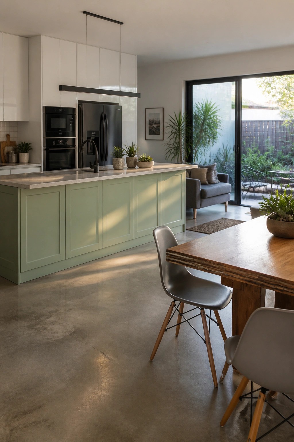 Modern kitchen with sage green island, white cabinets, wooden dining table, concrete floor.