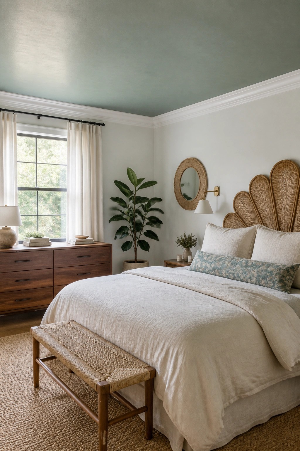 A bedroom featuring a soft green painted ceiling with light walls and wood furniture.