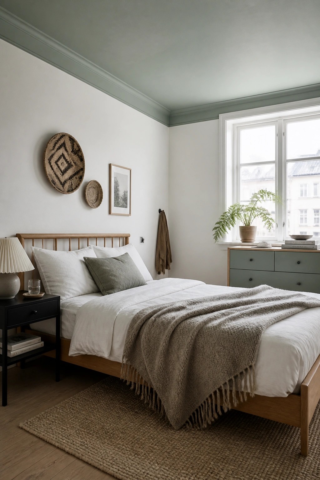 A bedroom featuring soft sage green walls and a wooden bed.