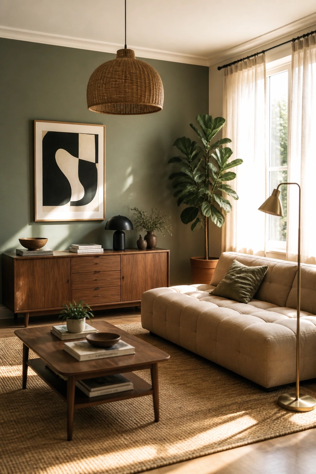 Living room with muted sage green walls and a beige sofa.
