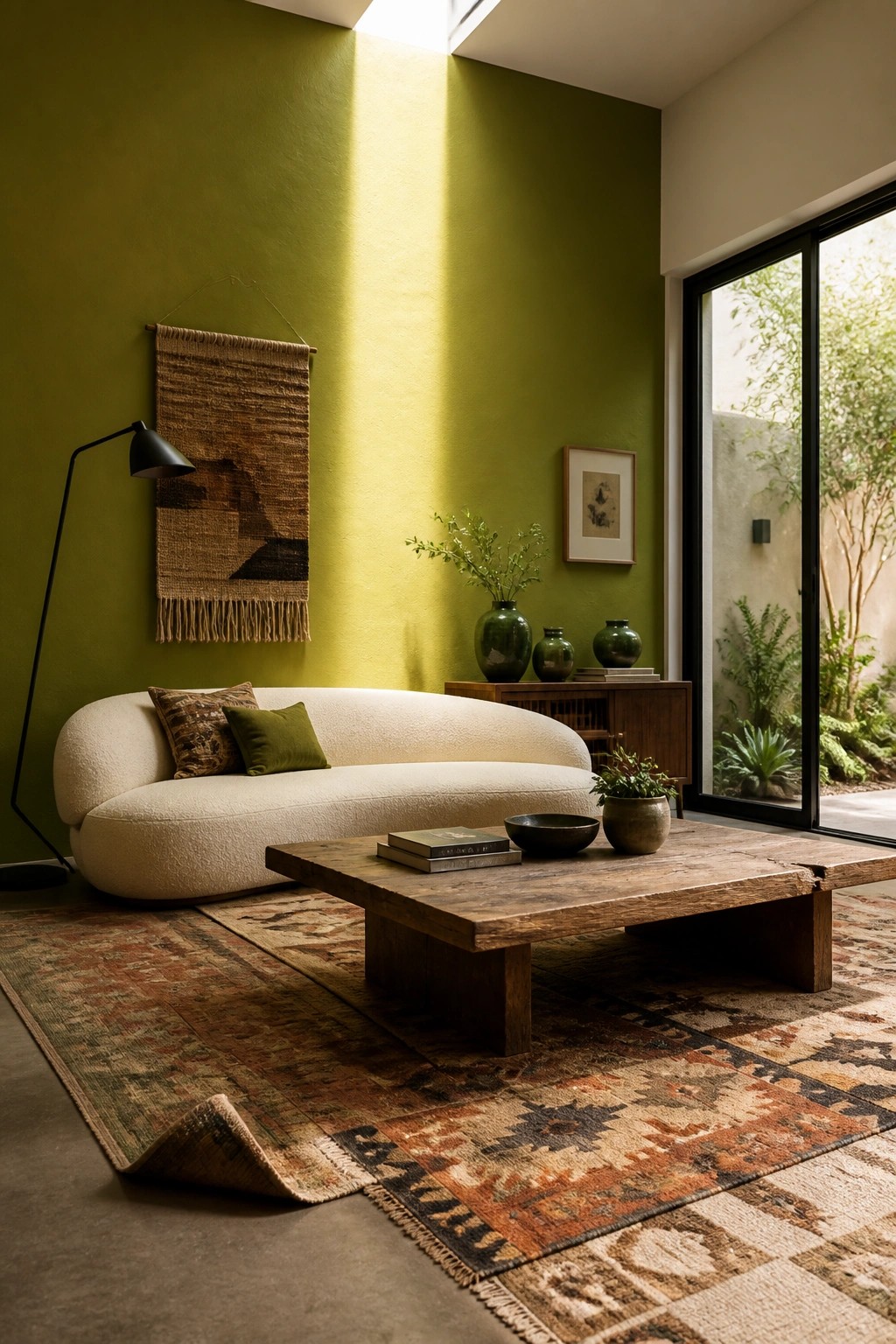 Modern living room with olive green wall, curved white sofa, and rustic wooden table on rugs
