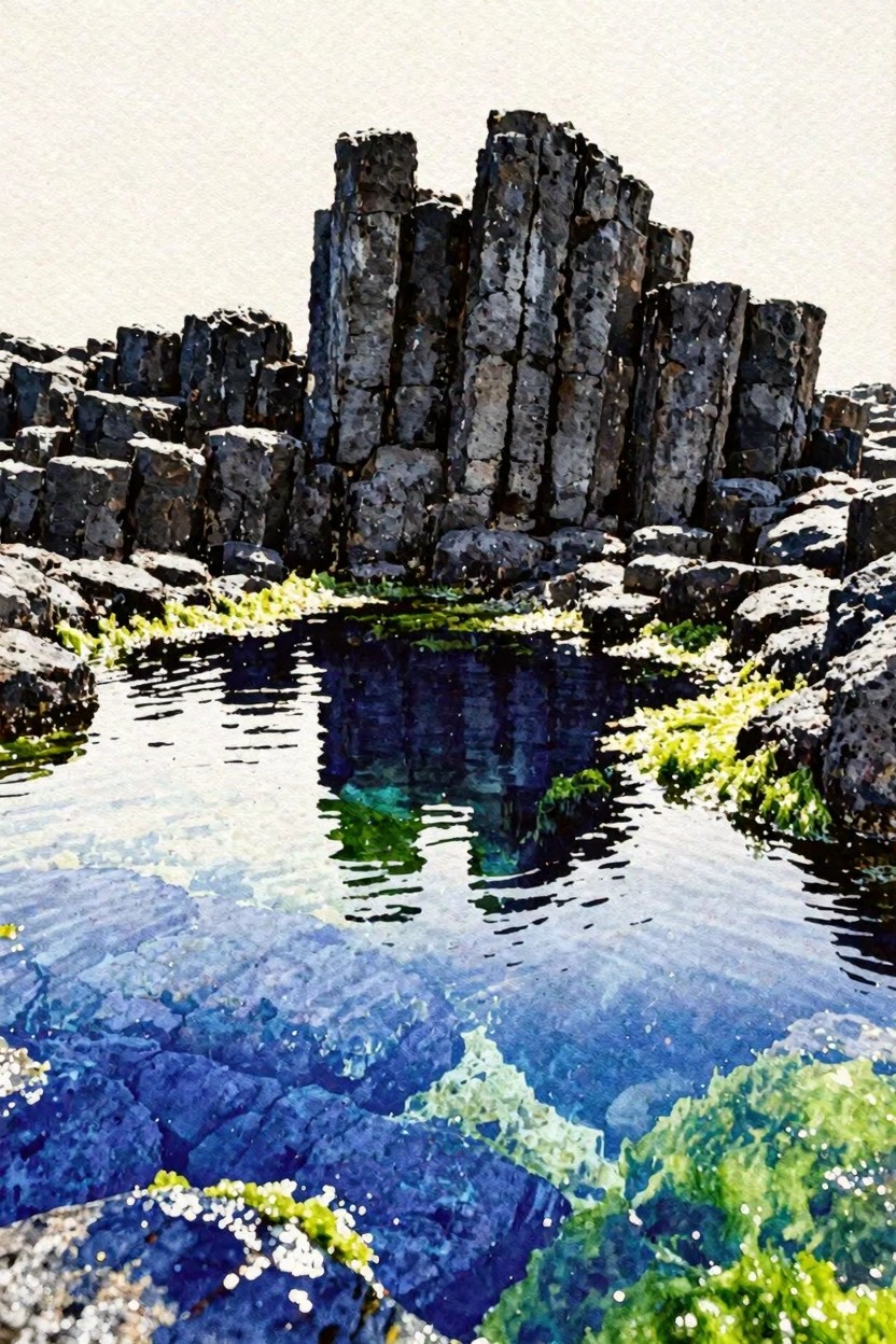 Hexagonal basalt columns reflected in a clear blue pool with green algae