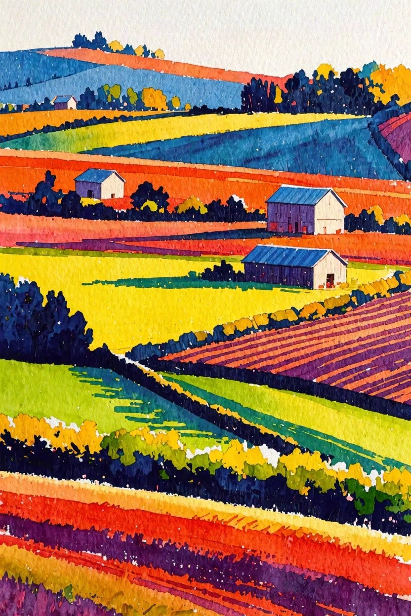 A painting of rolling hills and fields rendered in wide stripes of bright orange, yellow, blue, green, and purple with several simple barns placed throughout.
