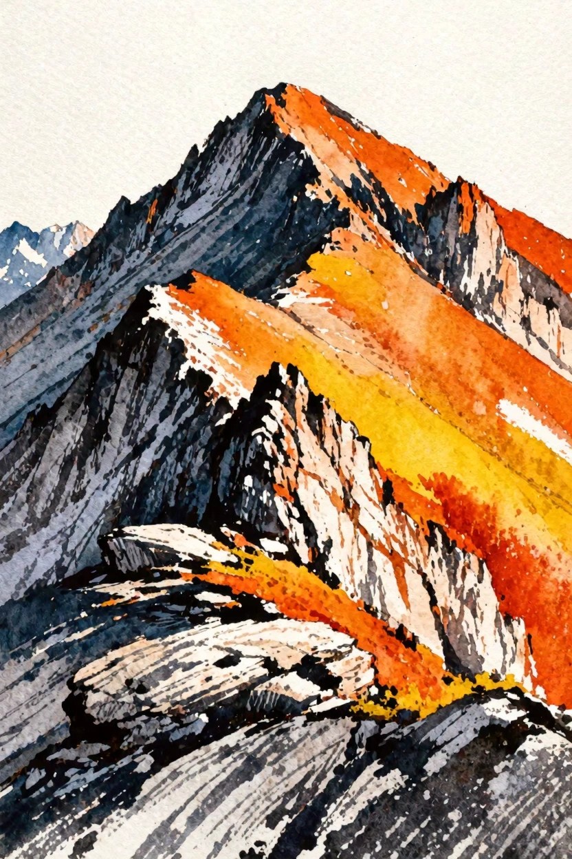 A watercolor-style painting of rugged mountain peaks with bright orange and yellow highlights on the slopes and dark shadowed rock faces.