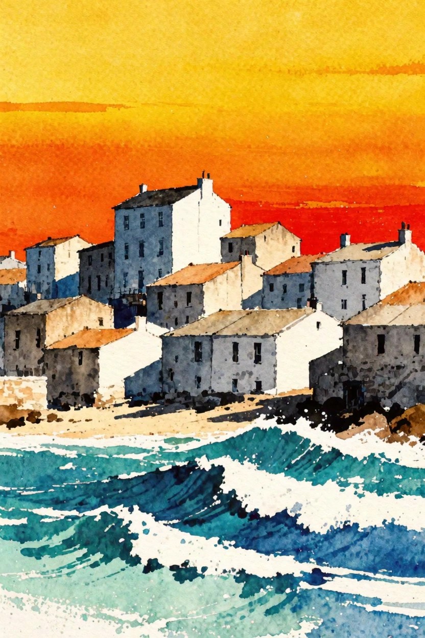 Watercolor painting of white and gray buildings beside teal waves under a bright orange and red sunset sky.