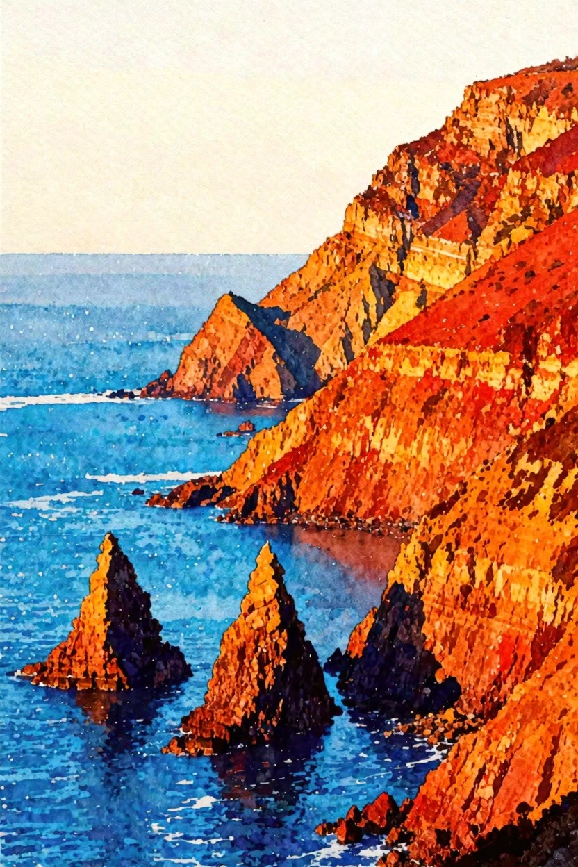 Vibrant watercolor of steep orange cliffs by blue sea with jagged rock pinnacles