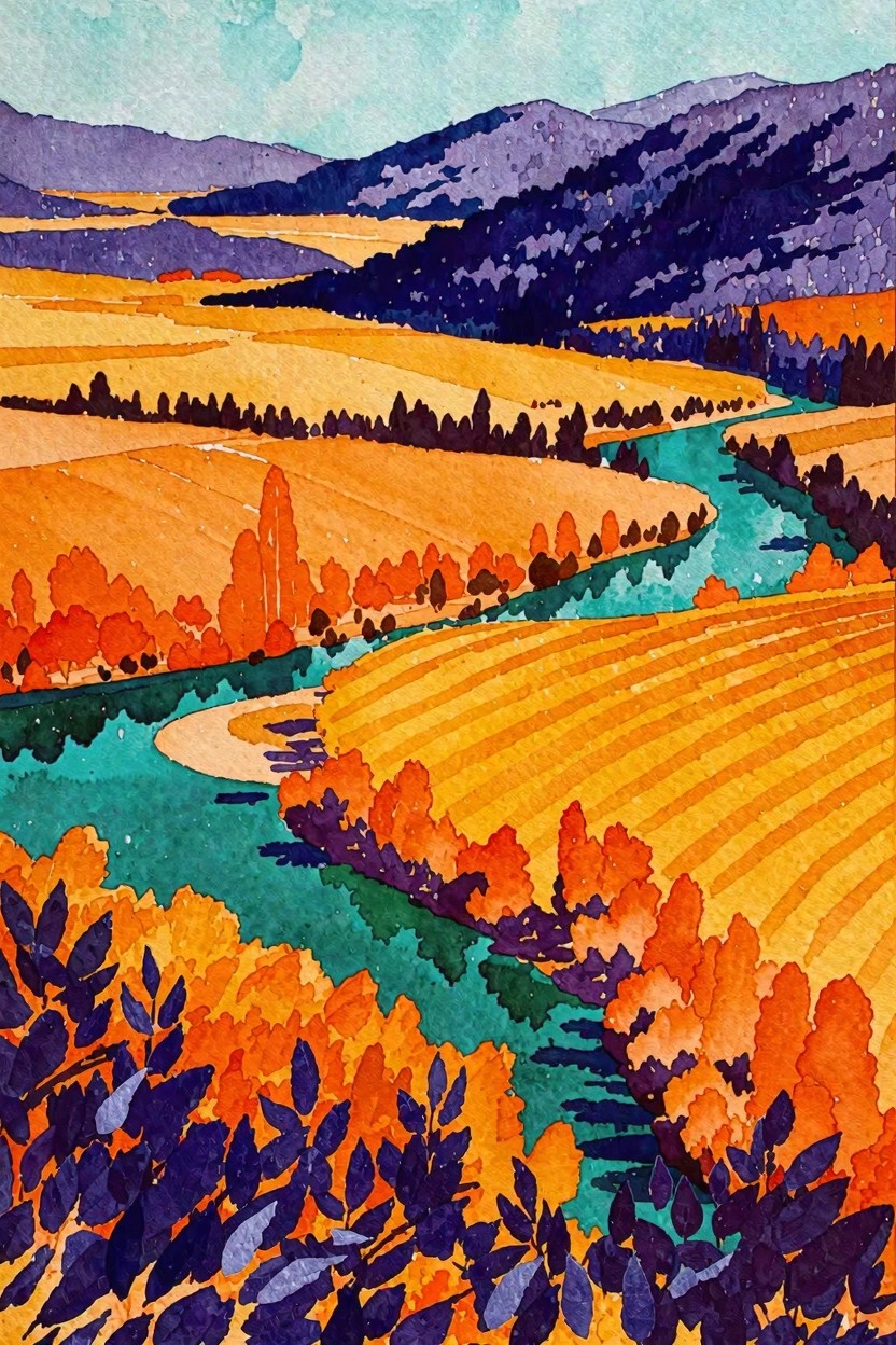 A stylized landscape painting of yellow and orange fields divided by a winding teal river, with purple mountains behind and clusters of orange and purple trees in the foreground.