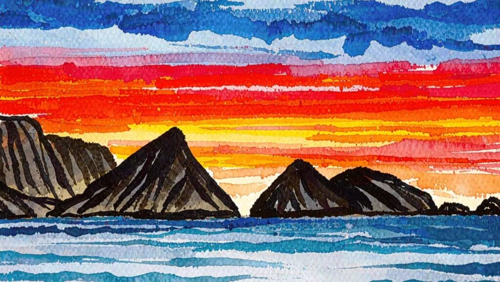 24 Modern Landscape Painting Ideas Using Clean Shapes and Simplified Color Vibrant watercolor of steep orange cliffs by blue sea with jagged rock pinnacles