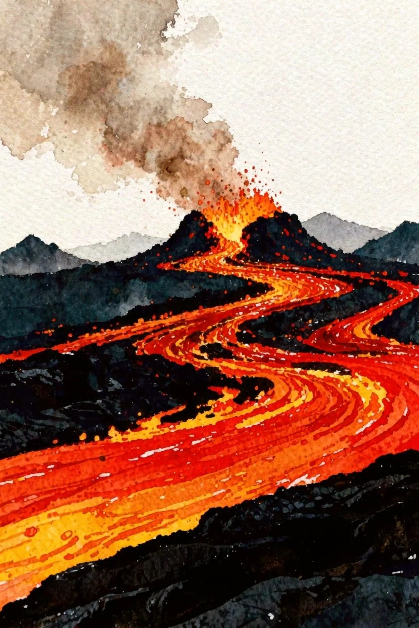 Watercolor of erupting volcano with winding orange-red lava streams and dark smoke plume